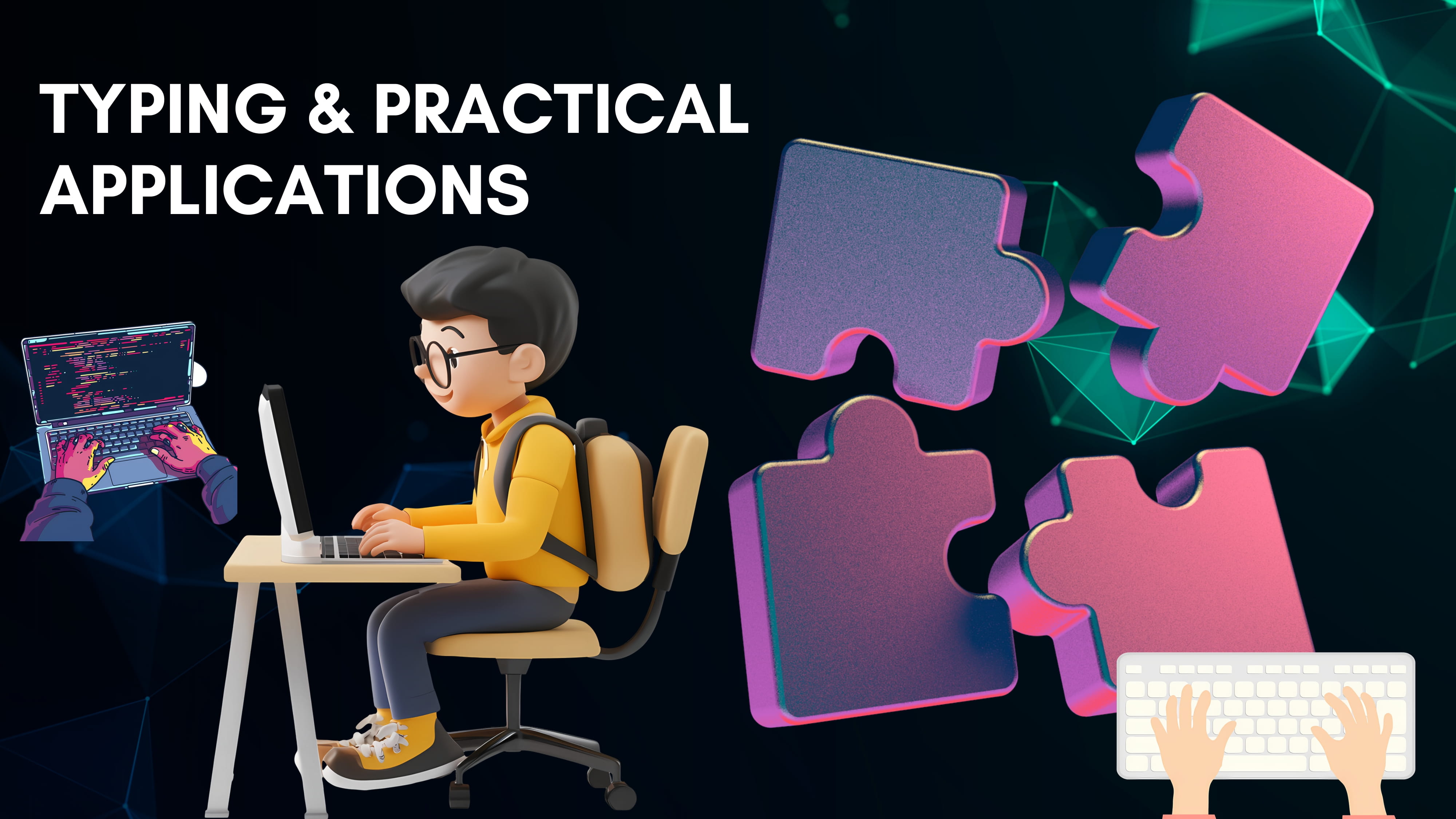 Infographic showing a desktop computer, laptop, and basic hardware components like CPU, mouse, and keyboard with neon highlights on a dark background